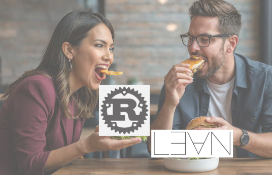 An obviously AI image of two coworkers eating burgers. They look insane. The logos of Rust and Lean are superimposed on the burgers.